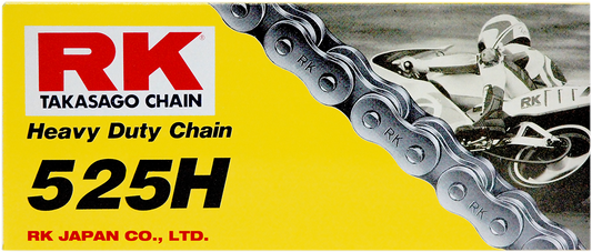 RK M525H heavy-duty motorcycle chain with 120 links, showing metal links and roller components on a plain background.