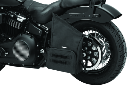 Kuryakyn Hoodrat Universal Swingarm Bag for powersports equipment shown on motorcycle with black exterior and mounting straps.