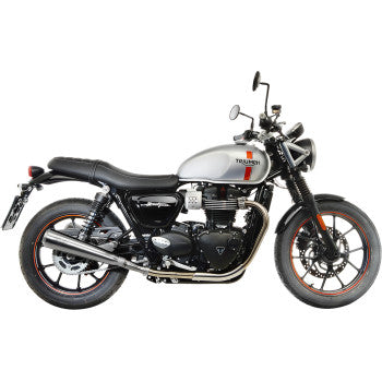 Open box Leovince Classic Racer dual mufflers for Street Twin 2016-2018 motorcycle, featuring polished metal finish and dual exhaust tips.