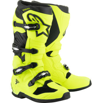 Alpinestars Tech 7 motorcycle boots in fluorescent yellow and black, US size 10, featuring protective design and sturdy construction.