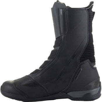 Alpinestars SP-X BOA Drystar motorcycle boots in black and dark gray, US 12.5/EU 48, with visible secure closure system and rugged sole.