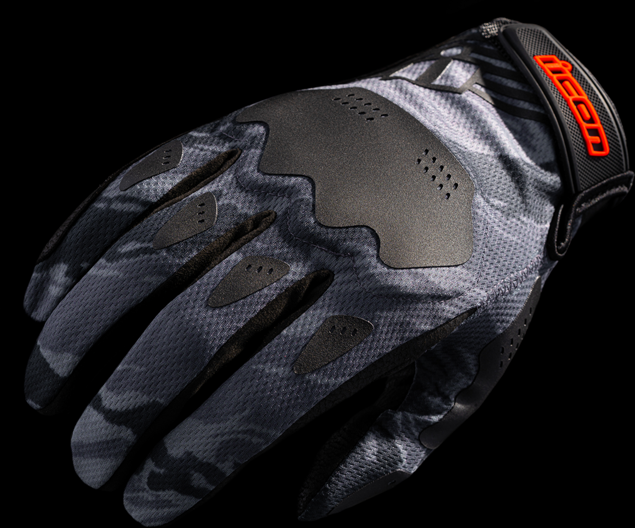 Gray ICON Hooligan Tiger's Blood gloves in XL size, featuring a textured design and branding details.