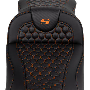 SADDLEMEN RoadSofa™ motorcycle seat in honeycomb orange stitch, extended reach, without backrest for FLH/FLT 2008-2023, by Bill's Exhausts