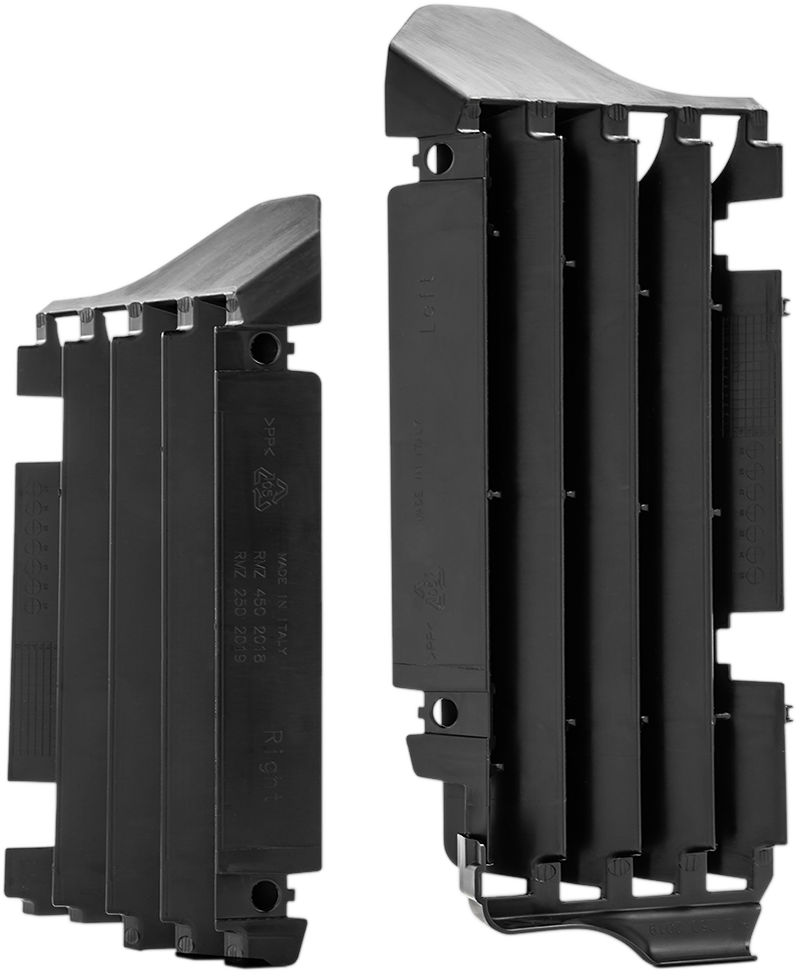 Black ACERBIS radiator louvers for Suzuki motorcycle, body part with vented design, designed for durability and style.