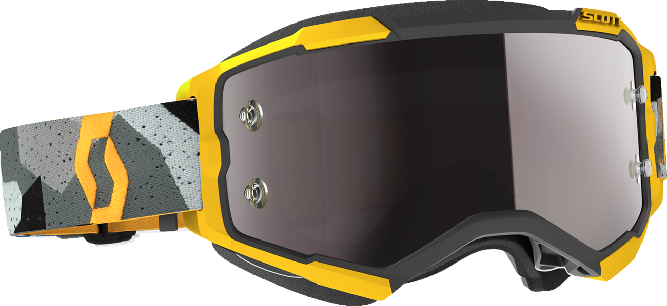 Scott Fury Goggle in camo gray and yellow with silver frame, designed for motocross or outdoor sports.