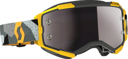 Scott Fury Goggle in camo gray and yellow with silver frame, designed for motocross or outdoor sports.
