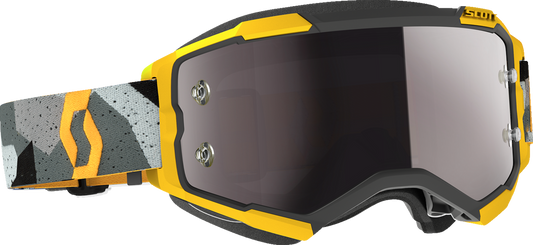 Scott Fury Goggle in camo gray and yellow with silver frame, designed for motocross or outdoor sports.