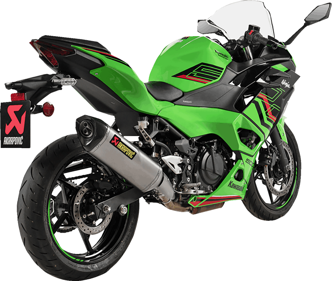 AKRAPOVIC Slip-On Line Muffler in titanium for Ninja 500 and Z500 motorcycles, shown in a close-up view of the exhaust.