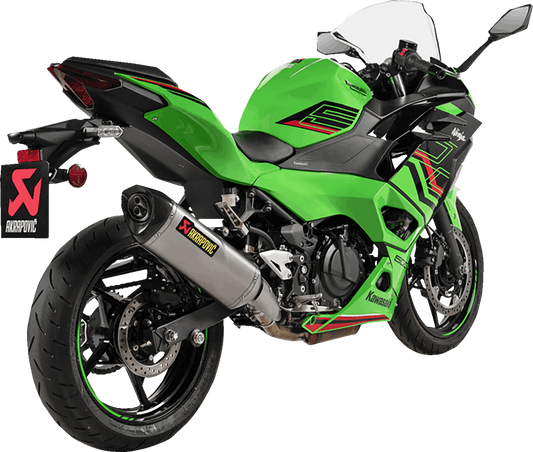 AKRAPOVIC Slip-On Line Muffler in titanium for Ninja 500 and Z500 motorcycles, shown in a close-up view of the exhaust.