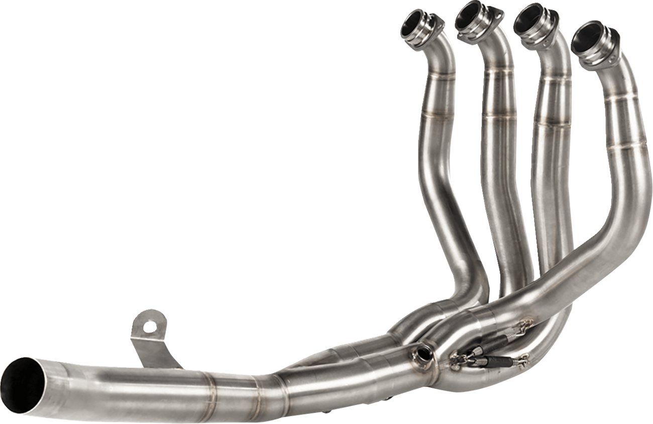 Akrapovic E-K10R8 stainless steel header pipe for Kawasaki Z H2 motorcycle, showcasing polished metal with tubing and welds.