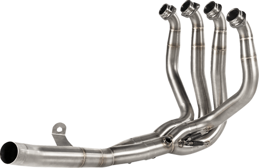 Akrapovic E-K10R8 stainless steel header pipe for Kawasaki Z H2 motorcycle, showcasing polished metal with tubing and welds.