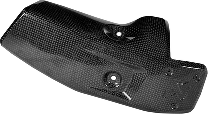 AKRAPOVIC carbon fiber heat shield for BMW R1300GS motorcycle, showing sleek black textured surface and mounting edges.