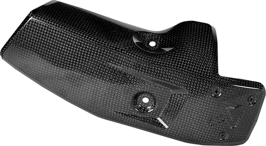 AKRAPOVIC carbon fiber heat shield for BMW R1300GS motorcycle, showing sleek black textured surface and mounting edges.