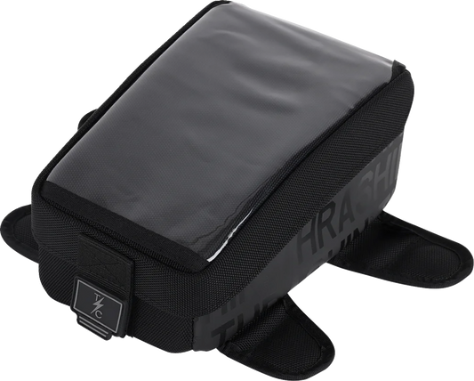 Black THRASHIN SUPPLY CO. Magnetic Tank Bag with 3.5L capacity, designed for motorcycle fuel tanks, shown in the image.