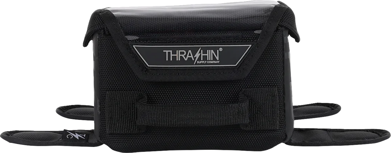 Black THRASHIN SUPPLY CO. Magnetic Tank Bag with 3.5L capacity, designed for motorcycle fuel tanks, shown in the image.
