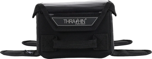 Black THRASHIN SUPPLY CO. Magnetic Tank Bag with 3.5L capacity, designed for motorcycle fuel tanks, shown in the image.