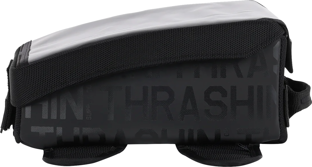 Black THRASHIN SUPPLY CO. Magnetic Tank Bag with 3.5L capacity, designed for motorcycle tanks, shown on a bike.