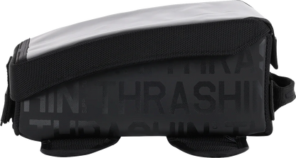 Black THRASHIN SUPPLY CO. Magnetic Tank Bag with 3.5L capacity, designed for motorcycle tanks, shown on a bike.