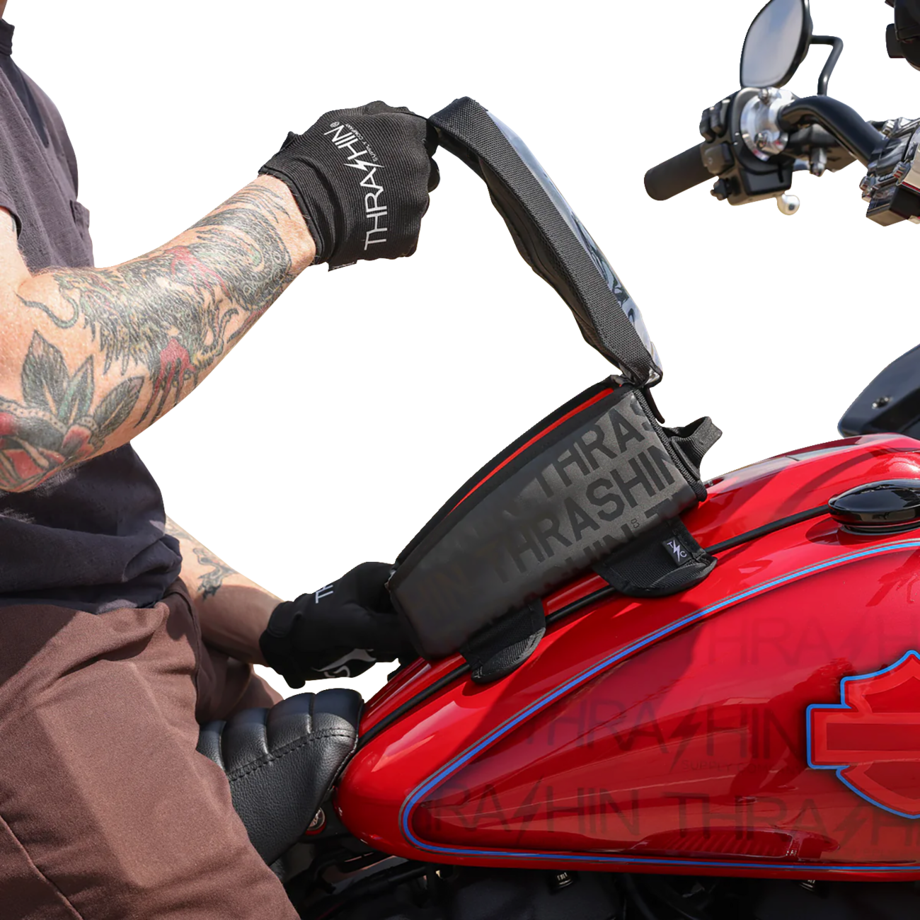 Black THRASHIN SUPPLY CO. magnetic tank bag with 3.5L capacity, designed for motorcycle fuel tanks, shown in the image.