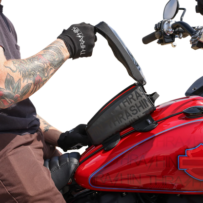 Black THRASHIN SUPPLY CO. magnetic tank bag with 3.5L capacity, designed for motorcycle fuel tanks, shown in the image.
