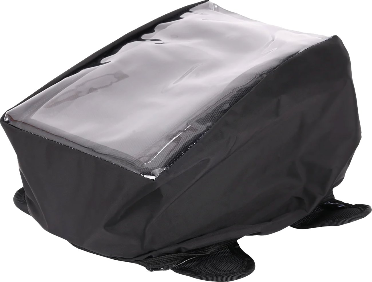 Black 3.5L Magnetic Tank Bag by THRASHIN SUPPLY CO. attached to a motorcycle fuel tank for secure storage.