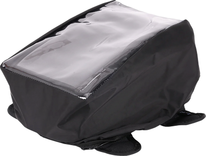 Black 3.5L Magnetic Tank Bag by THRASHIN SUPPLY CO. attached to a motorcycle fuel tank for secure storage.