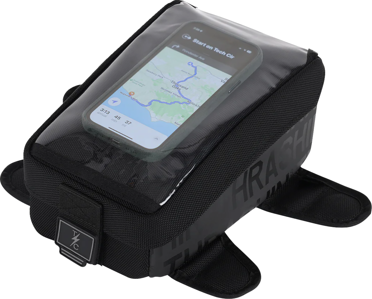 Black THRASHIN SUPPLY CO. Magnetic Tank Bag with 3.5L capacity, designed for motorcycle fuel tanks, shown on a bike.