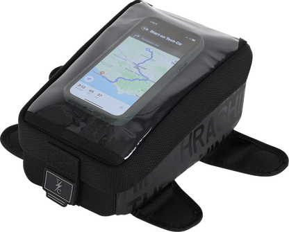 Black THRASHIN SUPPLY CO. Magnetic Tank Bag with 3.5L capacity, designed for motorcycle fuel tanks, shown on a bike.