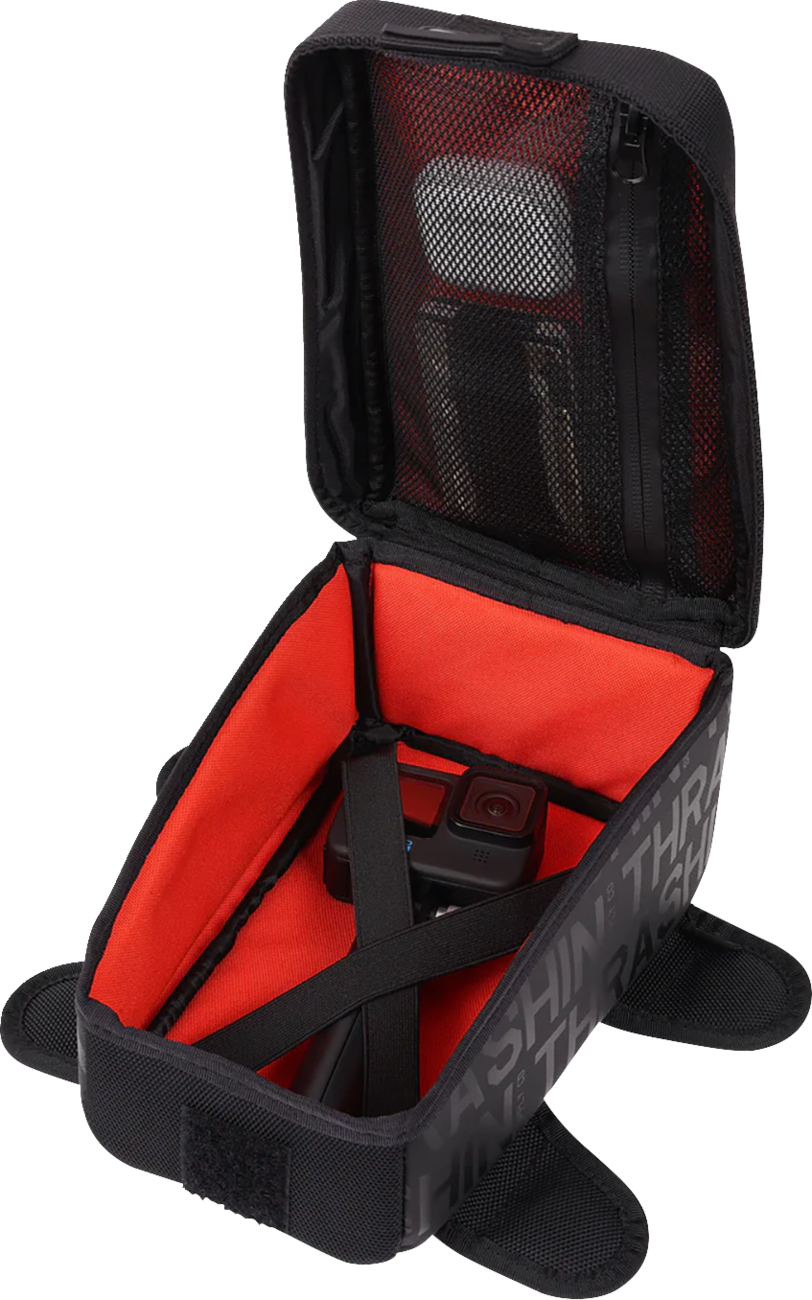 Black 3.5L magnetic tank bag by THRASHIN SUPPLY CO., designed for motorcycle fuel tanks with secure magnetic attachment.