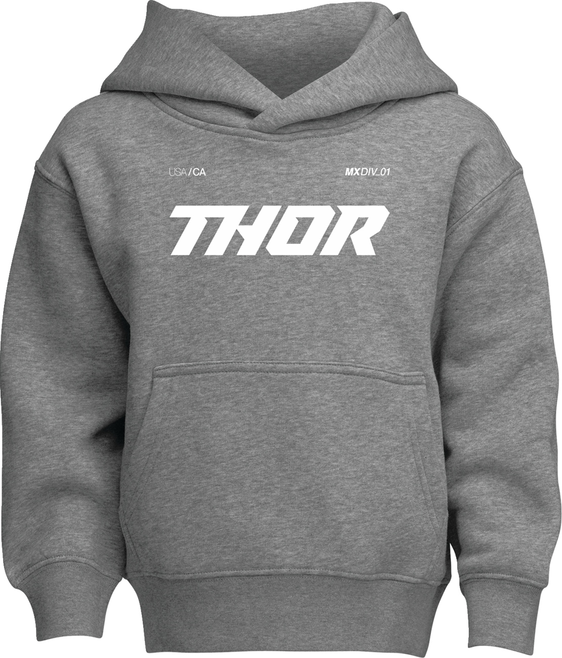 Gray THOR Youth Brave Pullover Hoodie featuring the THOR logo and design, made from soft, comfortable fabric for boys.