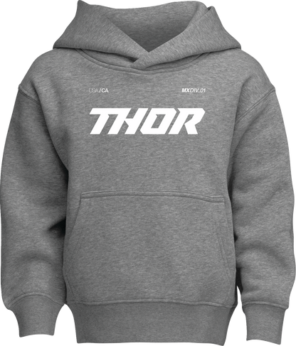 Gray THOR Youth Brave Pullover Hoodie featuring the THOR logo and design, made from soft, comfortable fabric for boys.