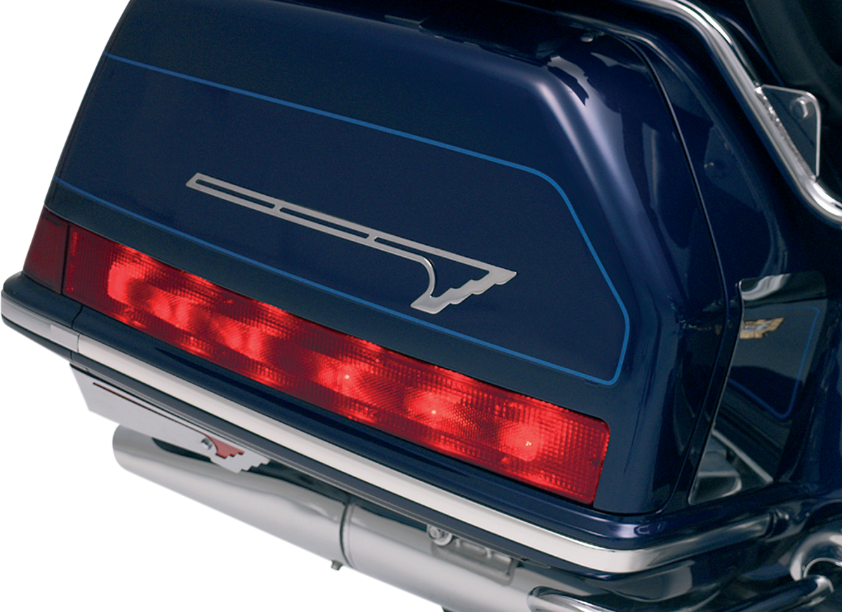 Bill's Exhausts SHOW CHROME Saddlebag Side Light Set for GL1500 motorcycle, engine-mounted lights with chrome finish.