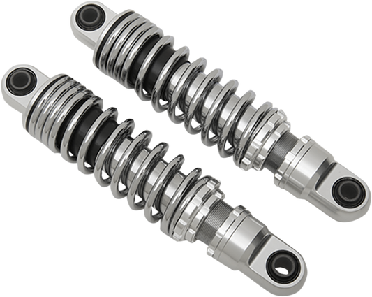 Chrome 12-inch adjustable ride-height shocks by Drag Specialties Shocks, featuring premium design and mounting hardware.