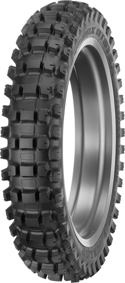 Dunlop Geomax AT81 EX rear off-road tire with 110/100-18 size and 64M load rating, designed for endurocross performance.
