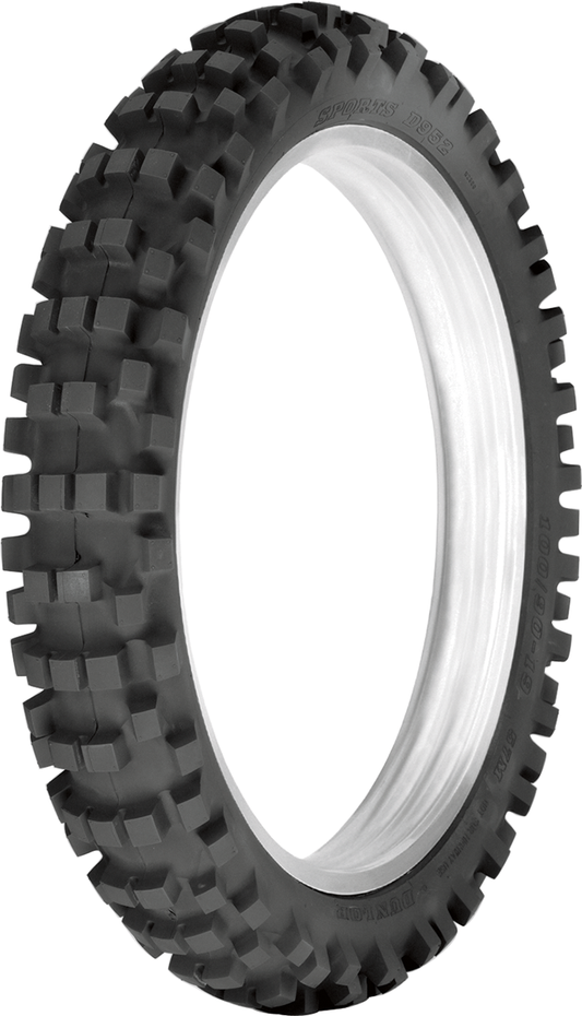 Dunlop D952 rear motorcycle tire 120/90-19 66M for intermediate terrain and sport performance, showing tread pattern and sidewall.
