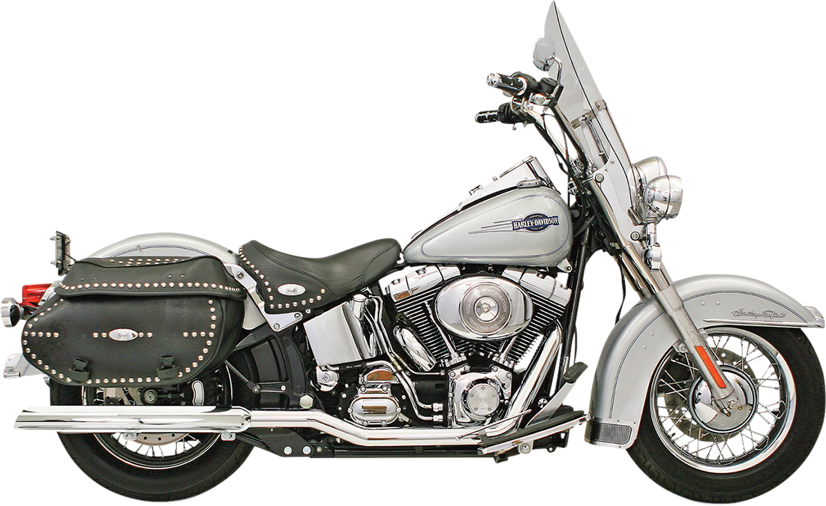 BASSANI XHAUST Power Curve True-Dual Crossover Header Pipes for 2007-2017 Softail motorcycle, showcasing chrome finish and dual pipes