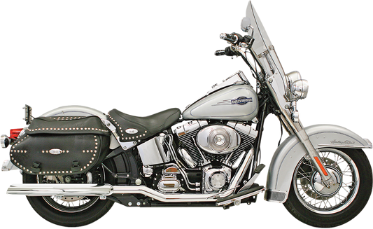 BASSANI XHAUST Power Curve True-Dual Crossover Header Pipes for 2007-2017 Softail motorcycle, showcasing chrome finish and dual pipes