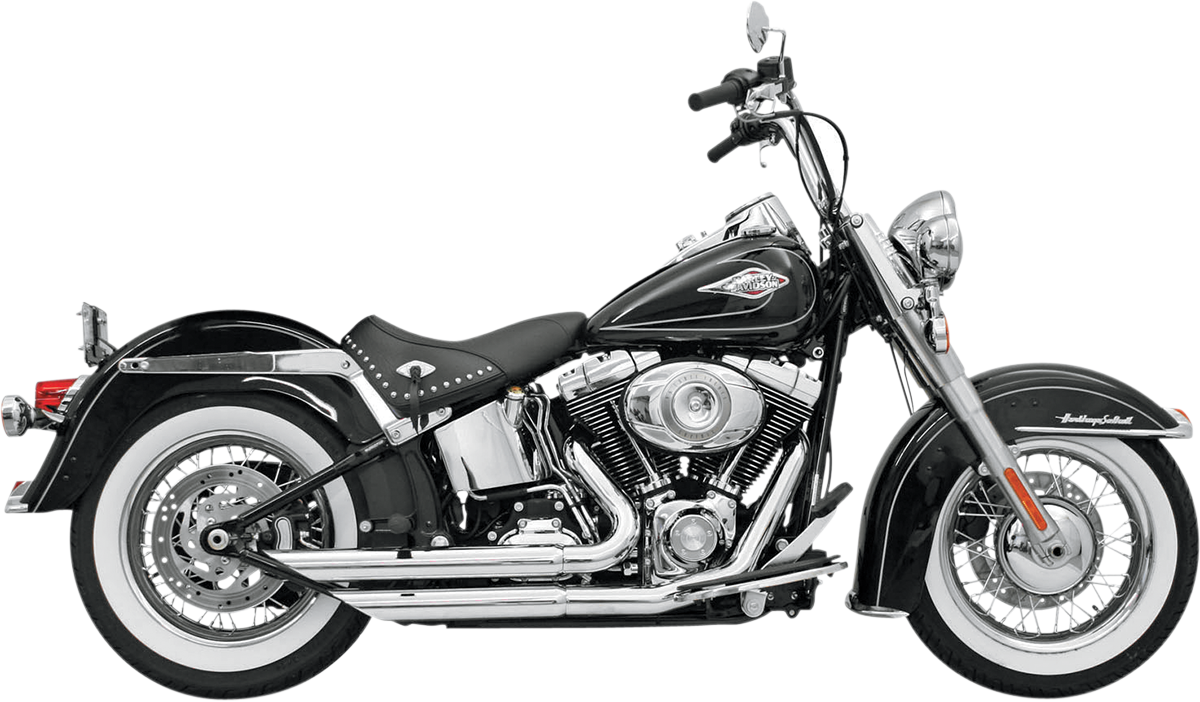 Chrome finish BASSANI XHAUST FireFlight exhaust with heat shields and removable baffles for Softail motorcycle, shown with detailed design.