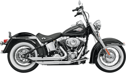 Chrome finish BASSANI XHAUST FireFlight exhaust with heat shields and removable baffles for Softail motorcycle, shown with detailed design.