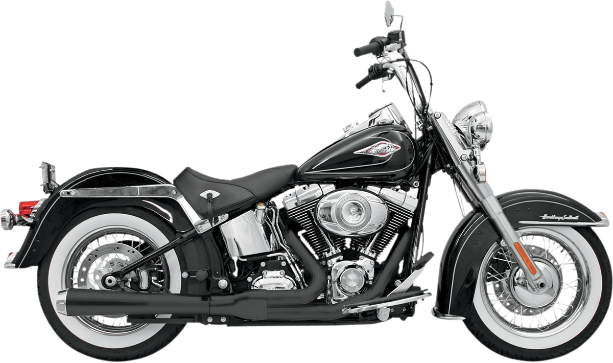 Black Bassani Xhaust 2:1 exhaust system for Harley Softail, part #12121J, with detailed metal finish and sleek design.