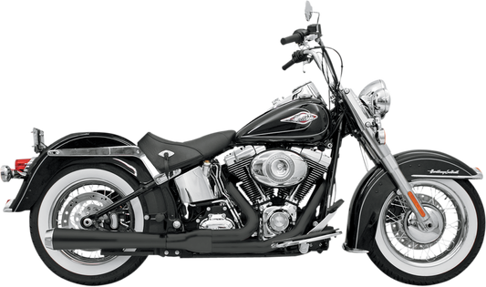 Black Bassani Xhaust 2:1 exhaust system for Harley Softail, part #12121J, with detailed metal finish and sleek design.