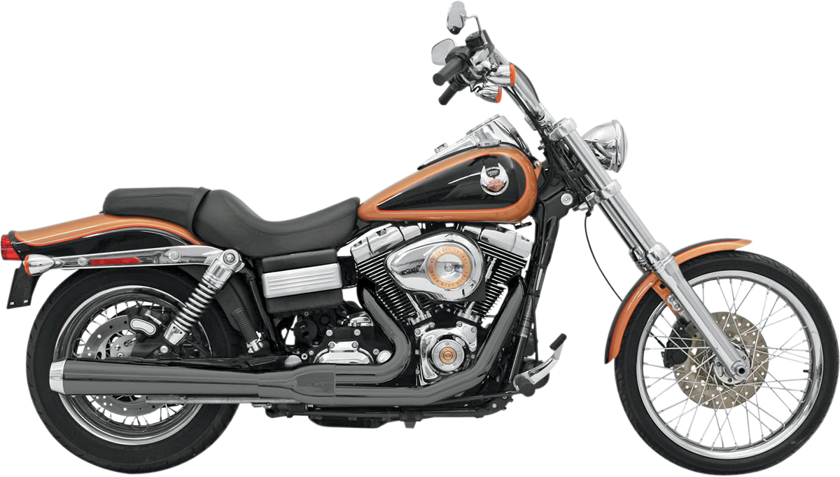 BASSANI XHAUST Road Rage exhaust for Harley FXD 2006-2017, Part 13121J, shiny chrome motorcycle exhaust system on a Harley Davidson.