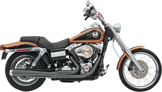 BASSANI XHAUST Road Rage exhaust for Harley FXD 2006-2017, Part 13121J, shiny chrome motorcycle exhaust system on a Harley Davidson.
