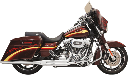 Chrome BASSANI XHAUST Road Rage 2:1 exhaust system installed on Harley FLH motorcycle, showcasing polished chrome finish and chrome details.