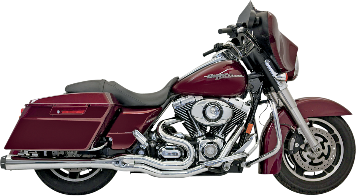 Chrome BASSANI XHAUST Megapower 2:1 exhaust system with stepped tubing for Harley Davidson FLH motorcycles.