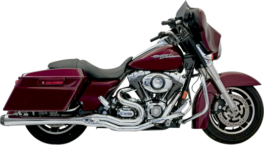 Chrome Bassani Xhaust B4 2:1 exhaust system for Harley FLH motorcycle, showing polished pipes and mounting details.