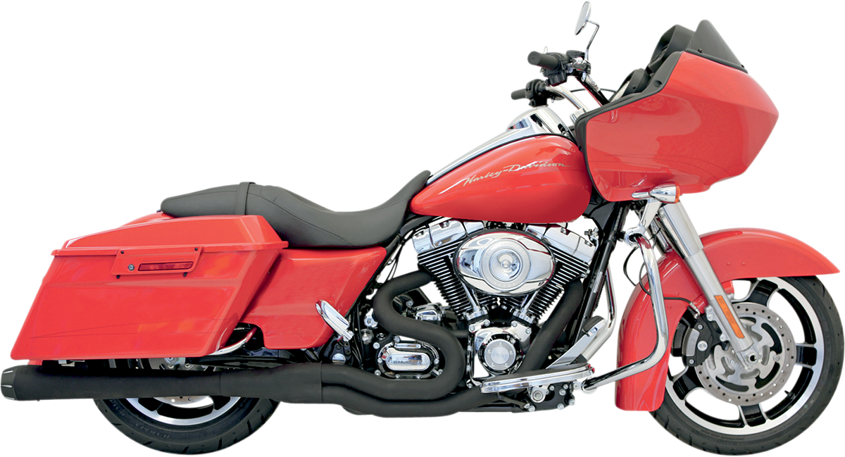 Black Bassani Xhaust B4 2:1 exhaust with megaphone design for Harley FLH, model FLH-747B, shown on a motorcycle.