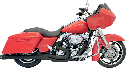 Black Bassani Xhaust B4 2:1 exhaust with megaphone design for Harley FLH, model FLH-747B, shown on a motorcycle.