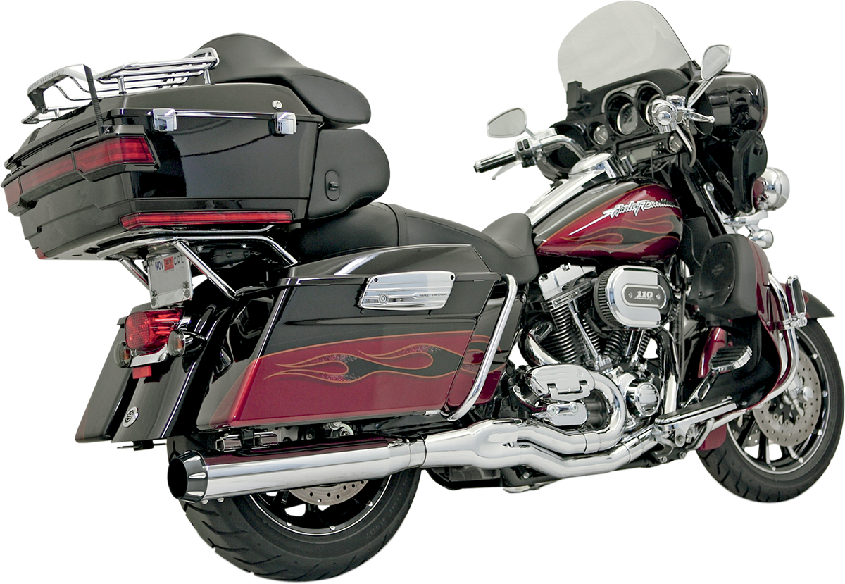 Chrome BASSANI XHAUST B4 2:1 exhaust system for Harley-Davidson FLH motorcycle, showcasing polished metal and installation details.