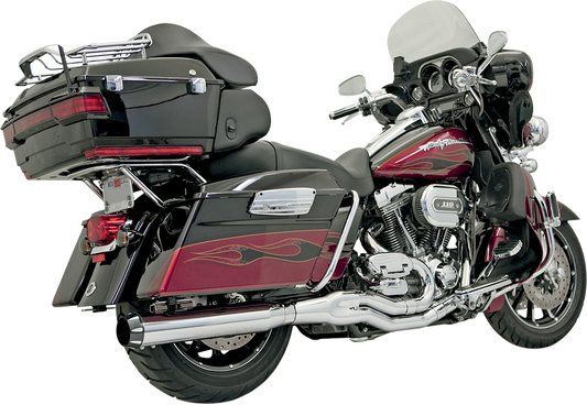 Chrome BASSANI XHAUST B4 2:1 exhaust system for Harley-Davidson FLH motorcycle, showcasing polished metal and installation details.